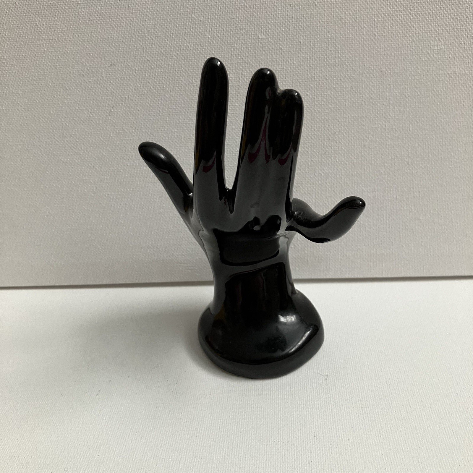Midcentury Black Glossy Ceramic Model Hand Ring Holder Vintage. Art Deco