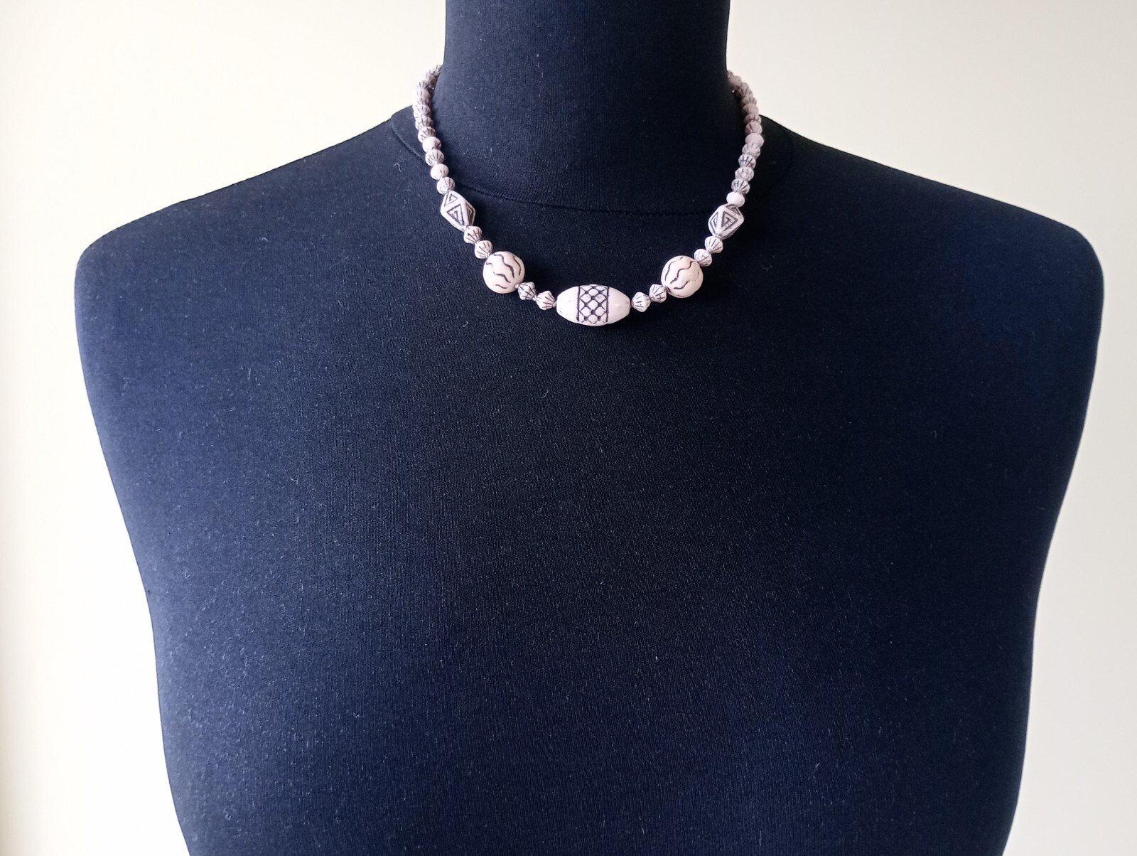 Rare Antique Czech Bohemian Molded Cream Glass Beads Necklace, Knotted