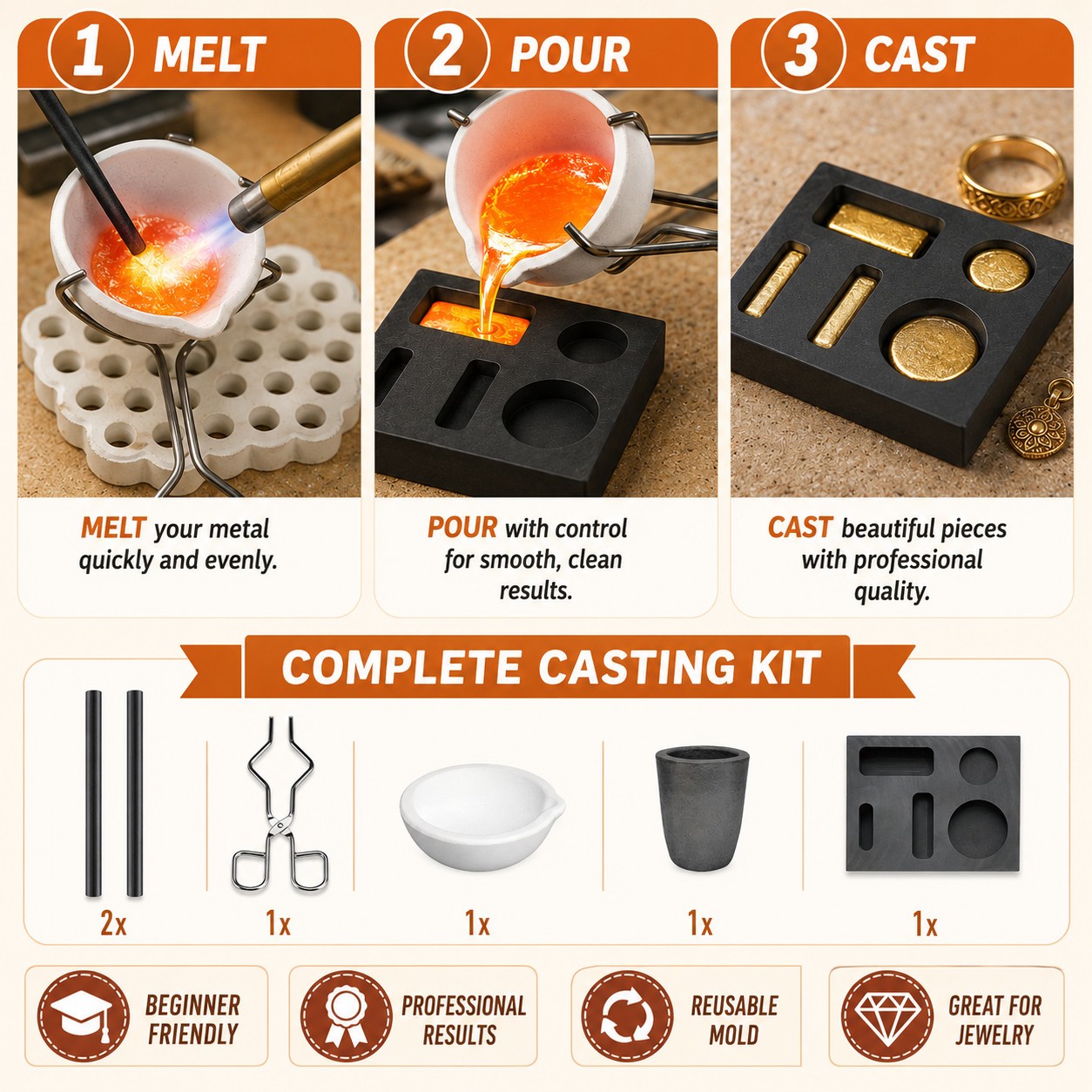 6Pack Graphite Ingot Crucible Mold Torch Melting Kit Gold Silver Copper Jewelry