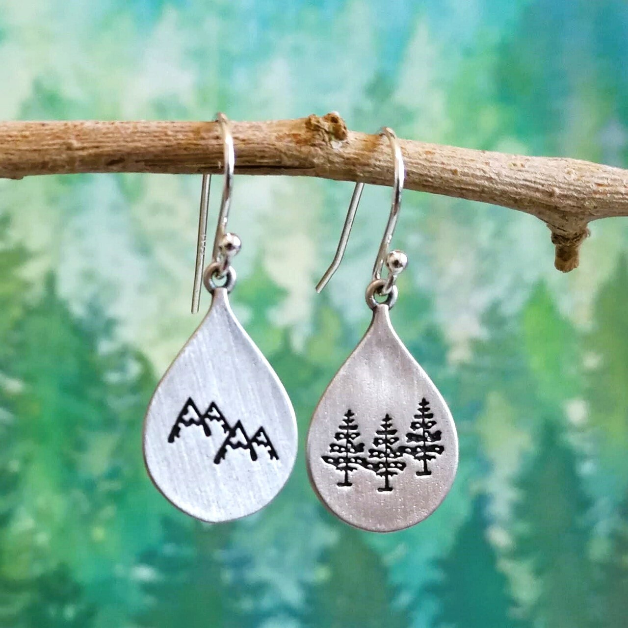 Sterling Silver Trees Mountains Nature Teardrop Earrings Asymmetrical Boho Chic