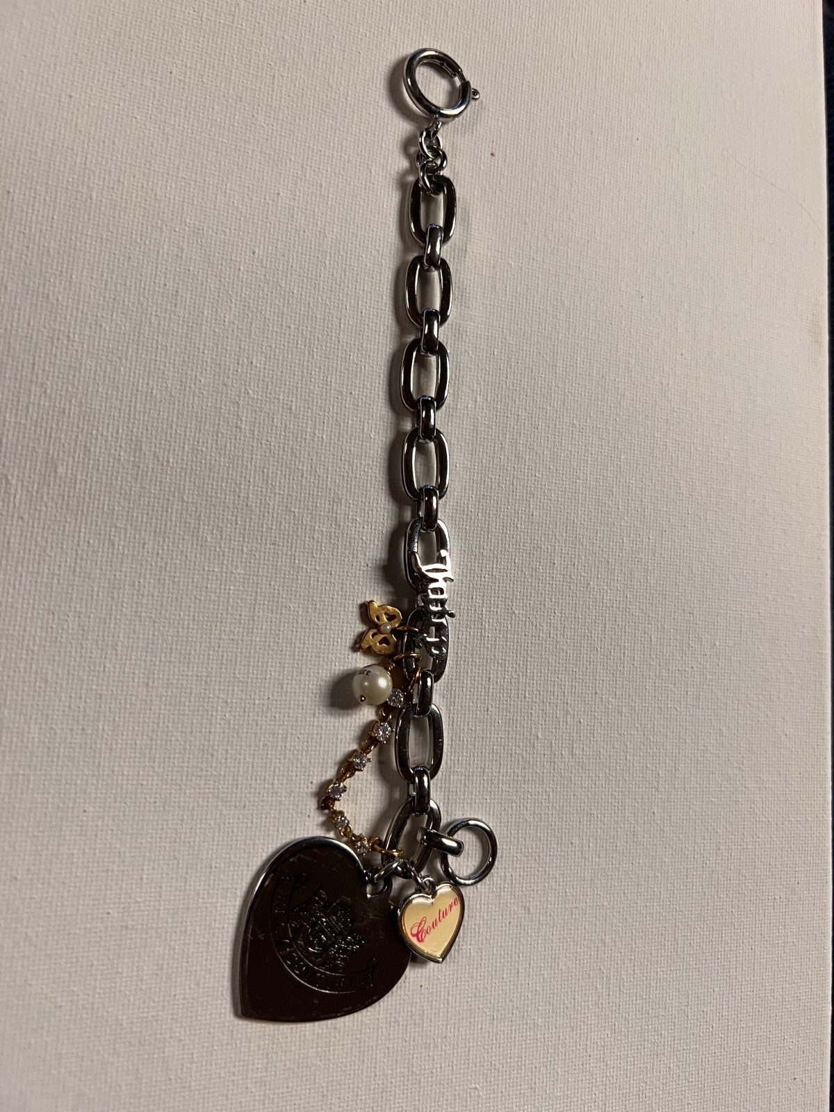 Y2K Juicy Couture LET THEM EAT COUTURE Heart Pearl Charm Bracelet Silver Tone