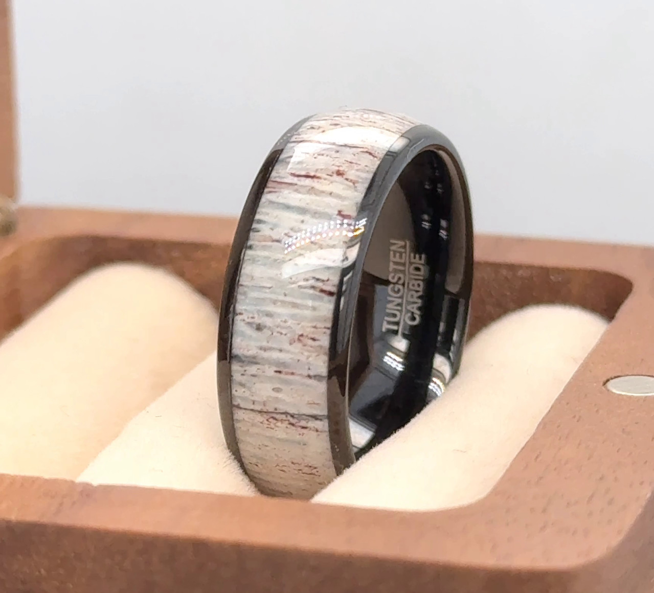 Domed Black Tungsten Ring for Men – Unique White Deer Antler Inlay Wedding Band