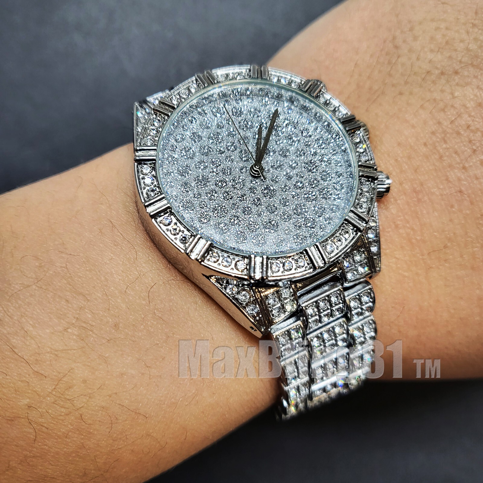 Hip Hop Iced Bling Silver Plated Rapper Style WATCH & Cuban Bracelet & Necklace