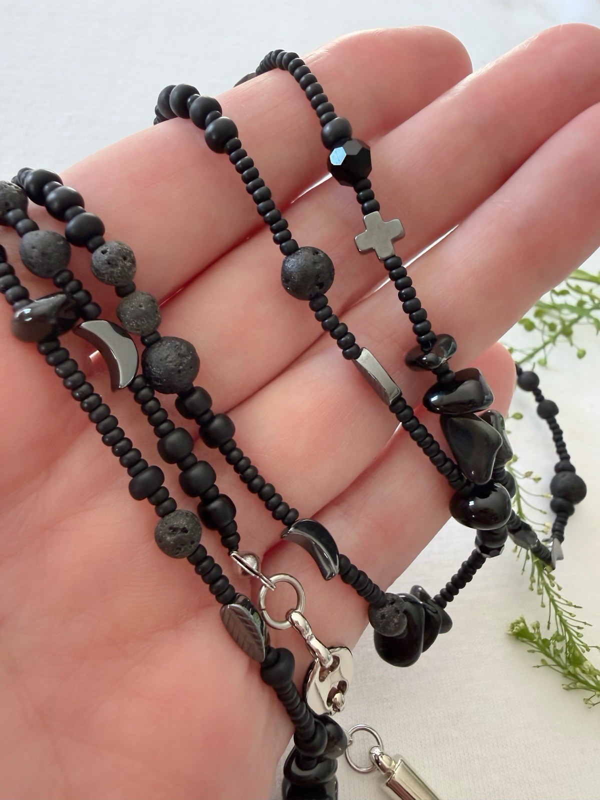 Everyday Black Handmade Necklace with Natural Stones – Agate, Lava & Hematite