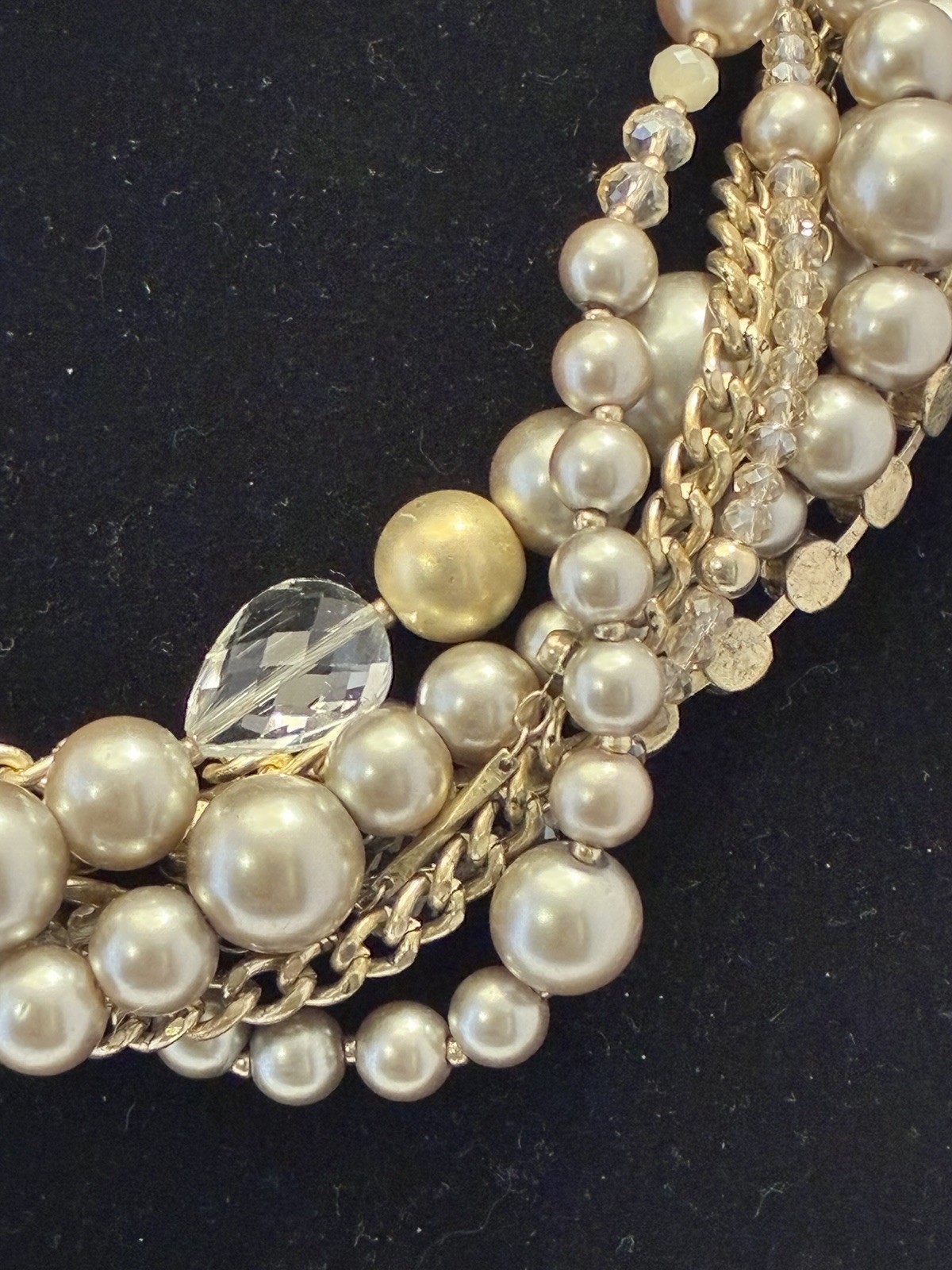 LOFT Gold Tone Layered Statement Necklace Imitation Pearl Crystal 18″ Adjust