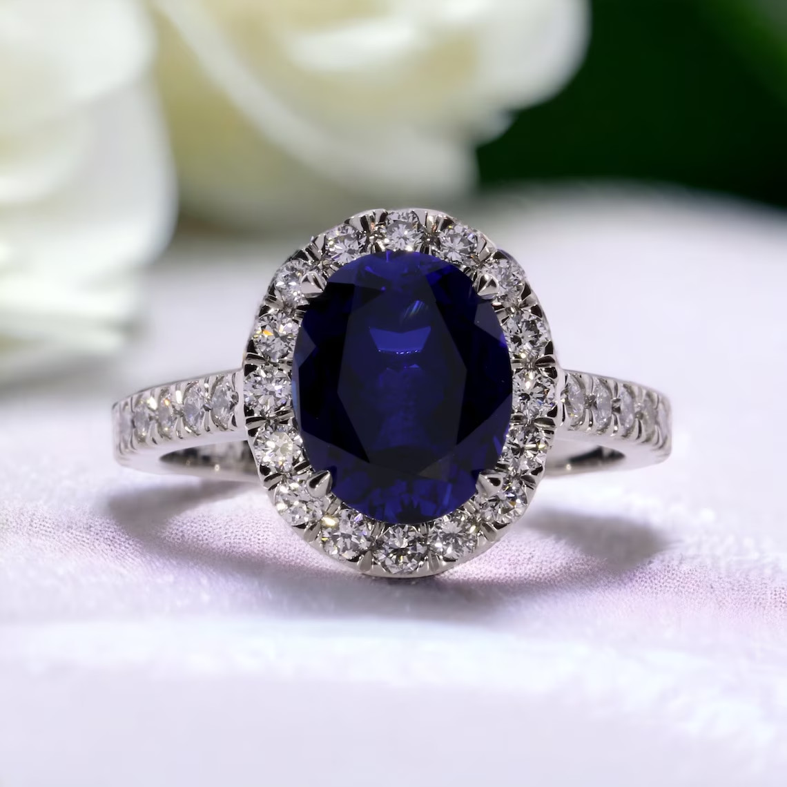 2.90 Ct Oval Natural Sapphire & Diamond Engagement Ring 14K White Gold Size 5