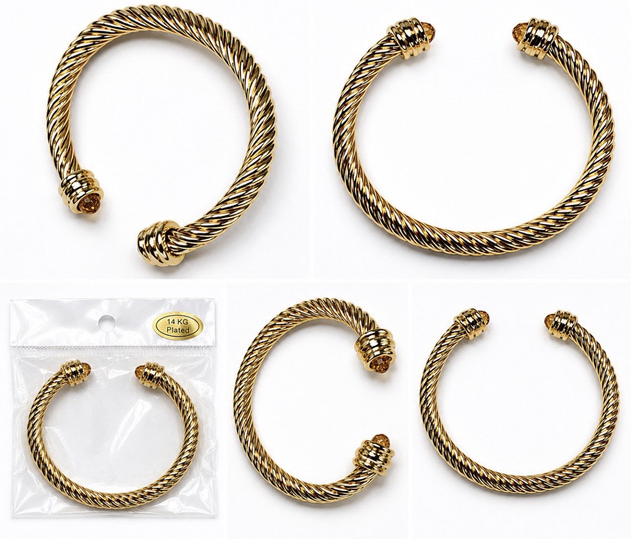 14KG Gold Plated Twisted Cable Cuff Bracelet Fixed Size 20cm New in Bag
