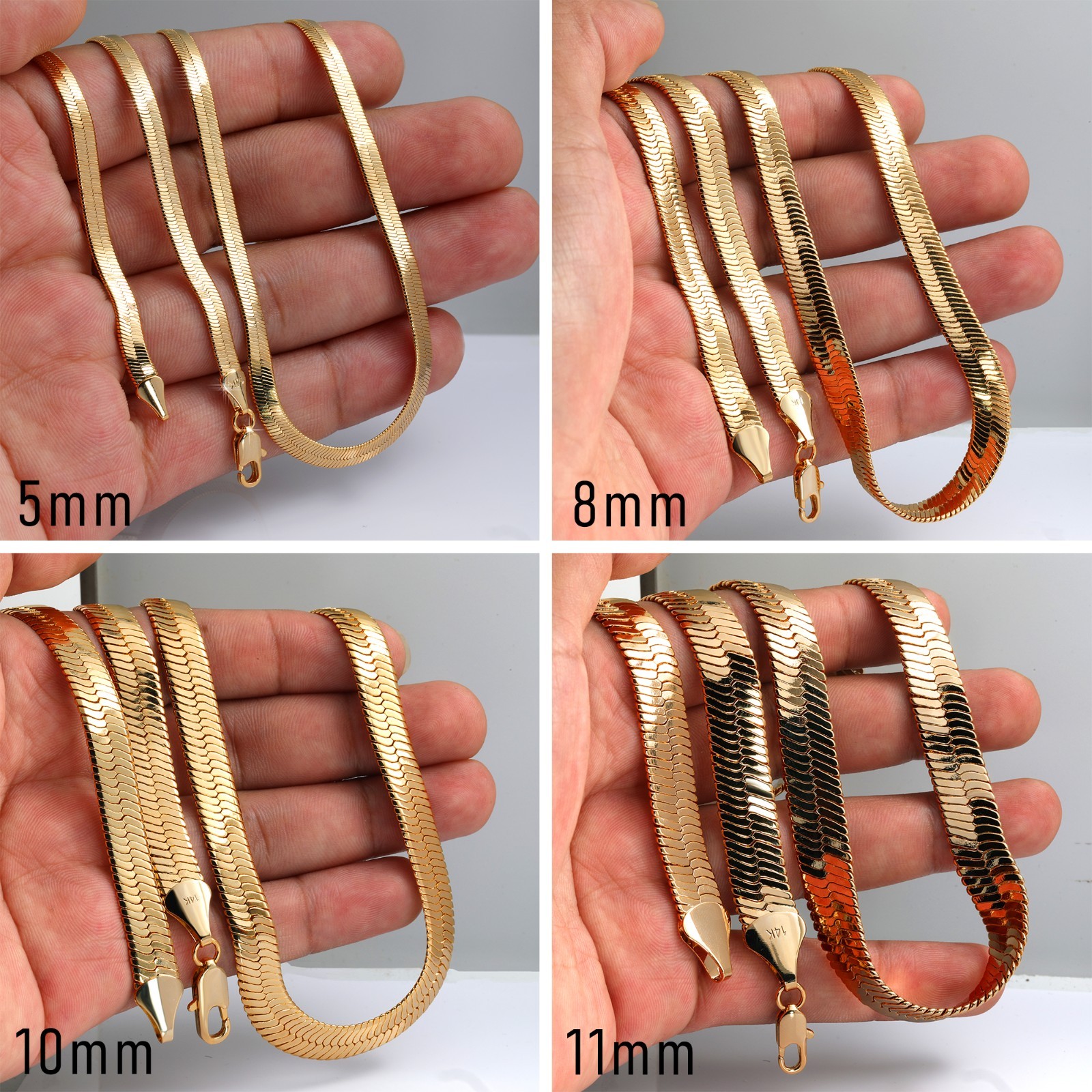 Herringbone Chain 5mm – 11mm | 30″In 14K Gold Plated Hip hop Yello Flat Necklace