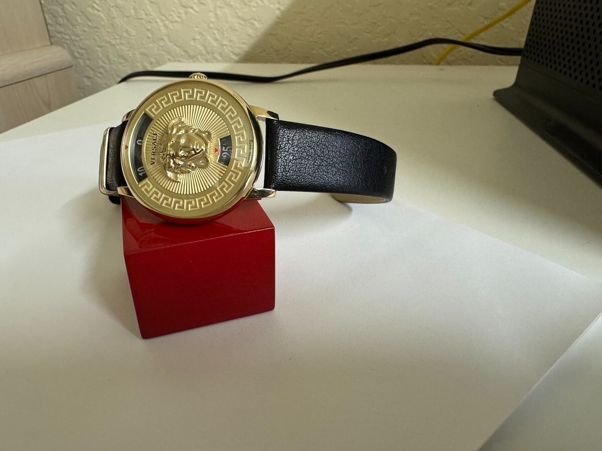 Versace Medusa Icon Yellow gold tone black leather band watch 38mm