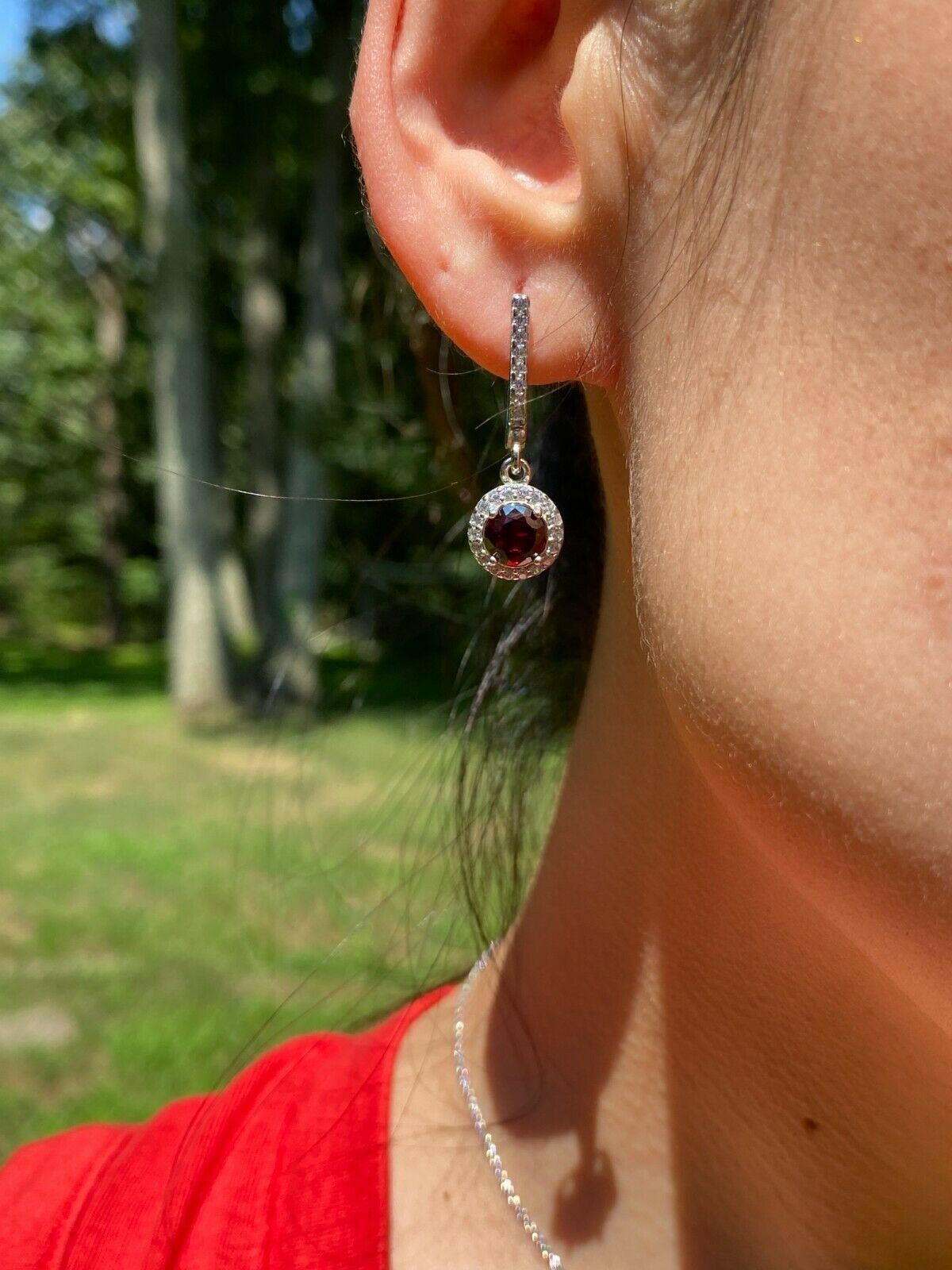 Real 925 Silver Red Ruby & Simulated Diamond Ring Pendant Necklace & Earring Set