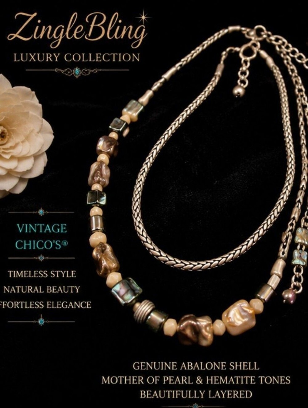 Vintage Chico’s Layered Abalone Mother of Pearl Necklace Silver Tone Boho Style