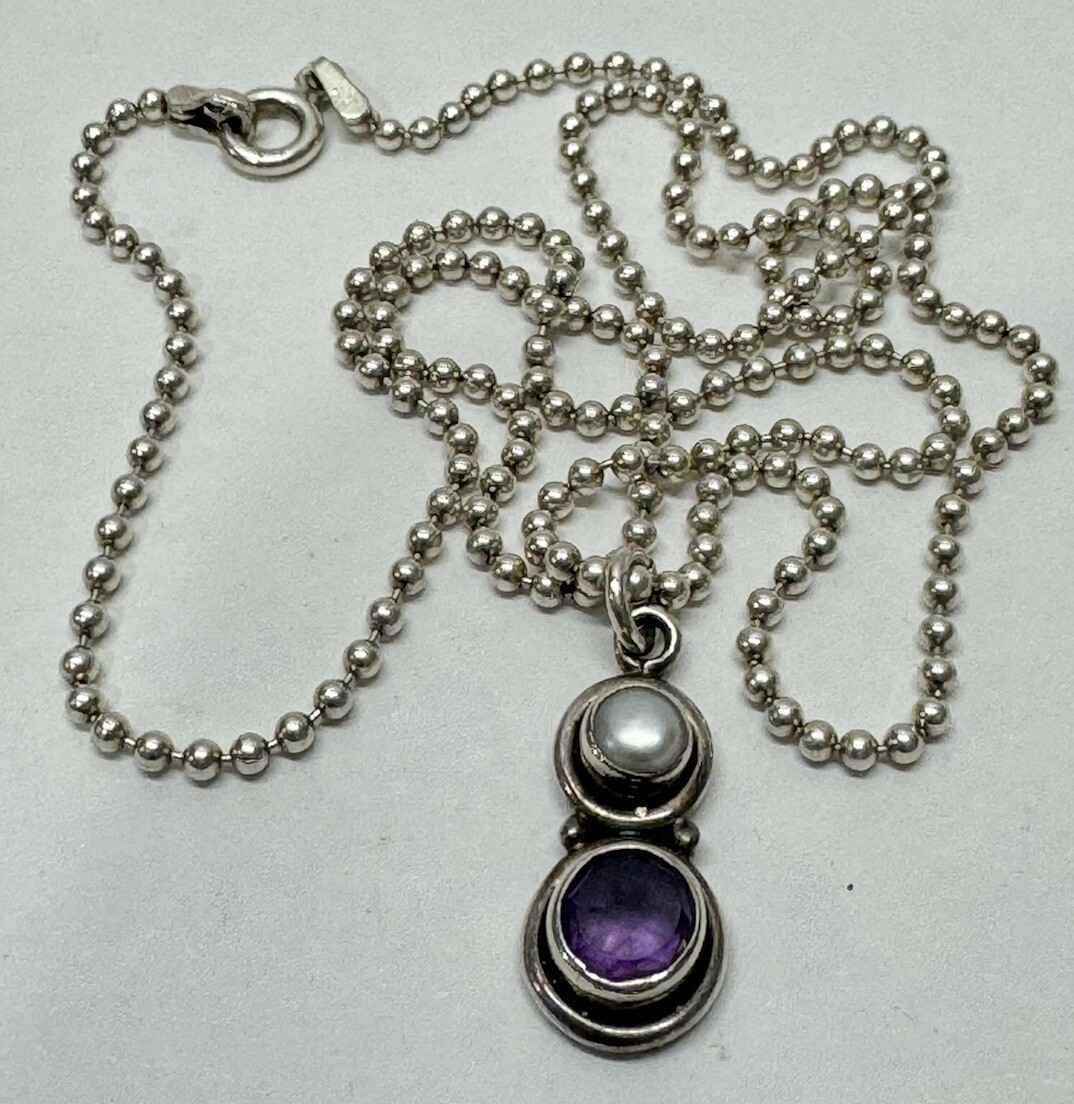 Faceted Amethyst and Cultured Pearl Double Gem 925 Sterling Silver Necklace