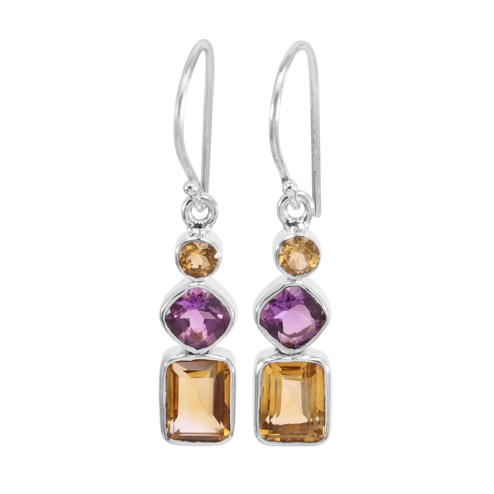 Natural Citrine & Amethyst Dangle Earrings 925 Sterling Silver Handmade Jewelry