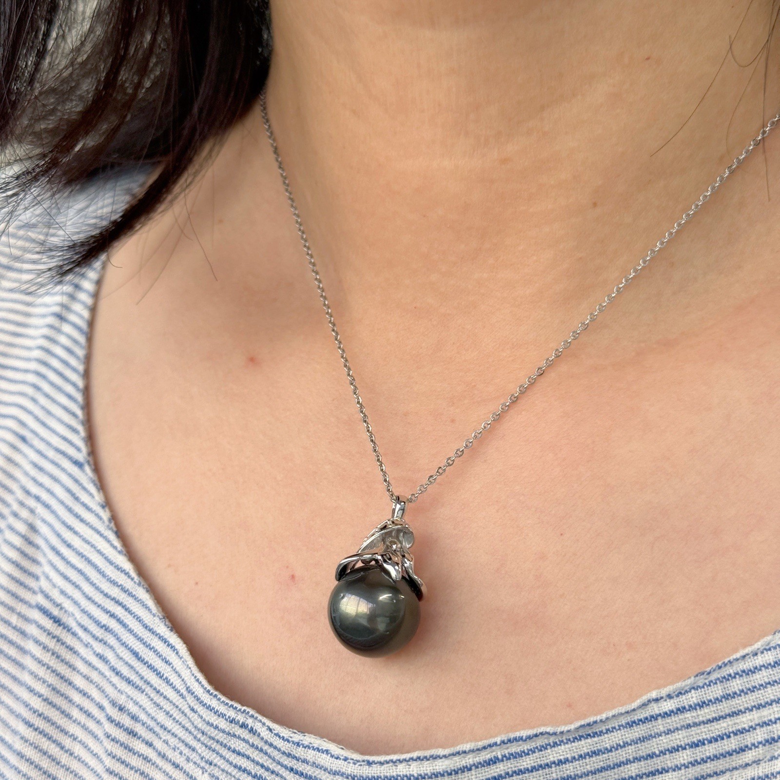 Big 15.1mm Black Green Drop Tahitian Pearl Pendant 925 Sterling Silver, 1.1″