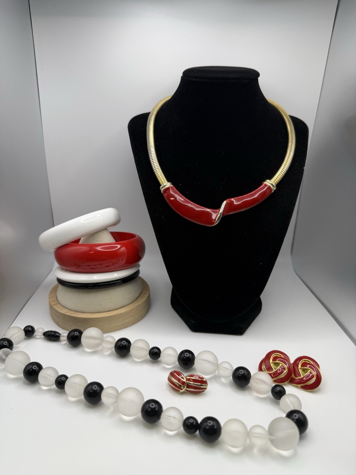 Vintage 1980s/ 90s Red Gold Black Enamel-Lucite -Plus Acrylic & Wood Mixed Lot