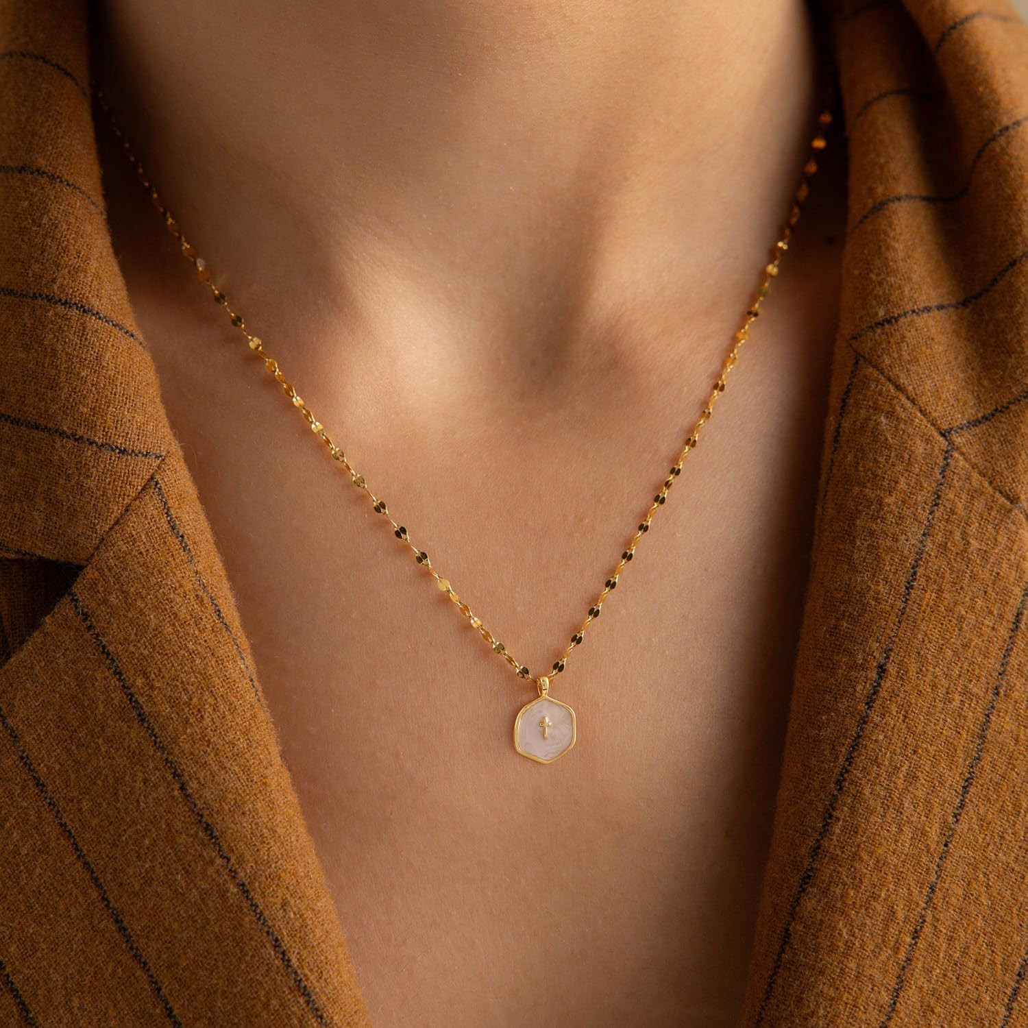 Cross Necklace for Women Dainty 14K Gold Plated Cross Coin Necklace Simple round