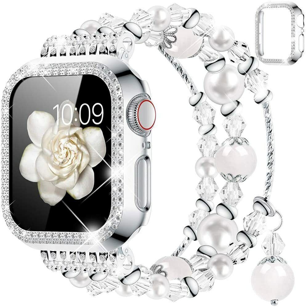 For Apple iWatch Series 9 8 7 SE 6 5 4 3 2 Crystal Pearl Watch Band Strap+Case