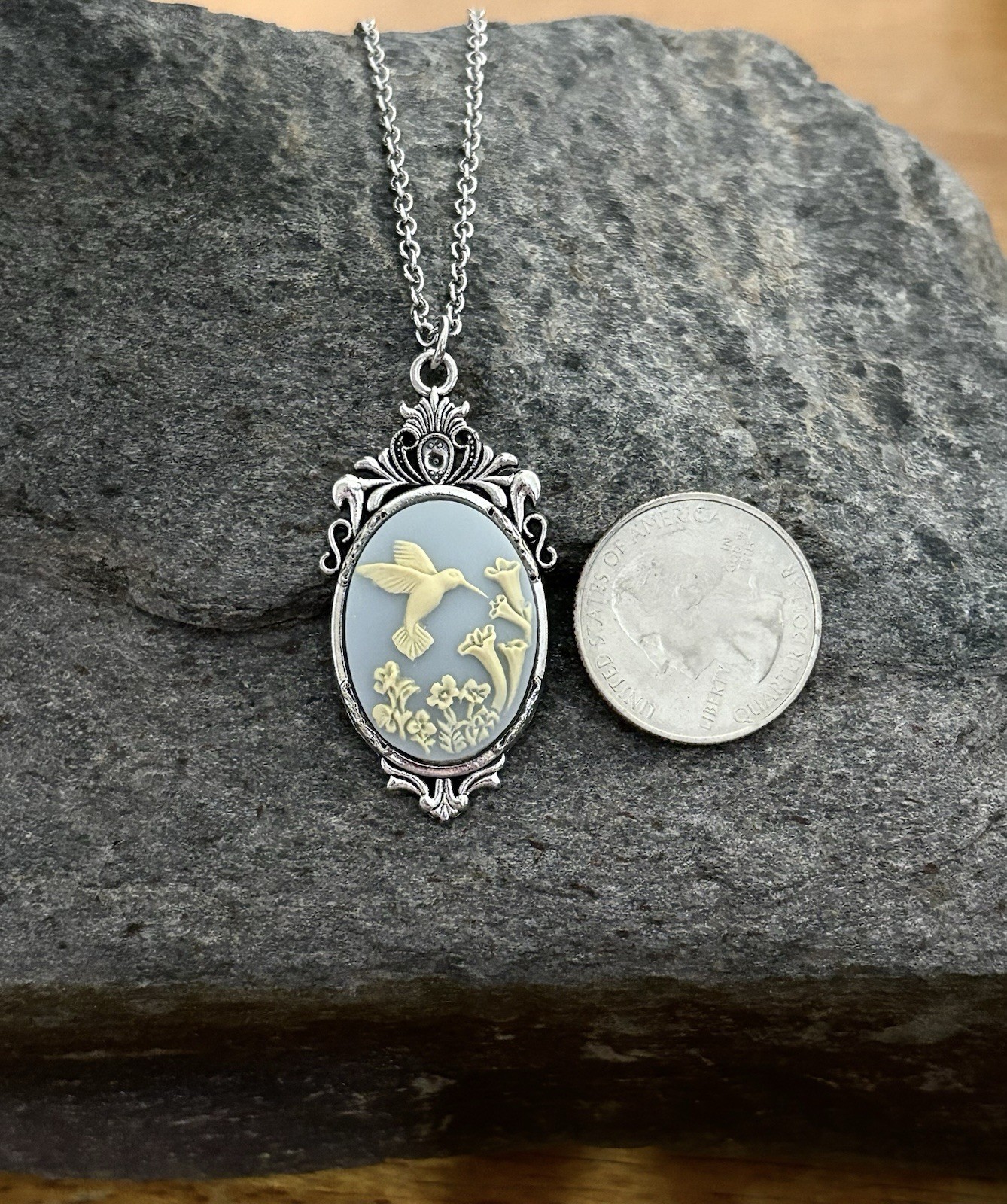 Hummingbird Necklace Pendant, Wedgwood Blue colored Cameo, Art Nouveau Style