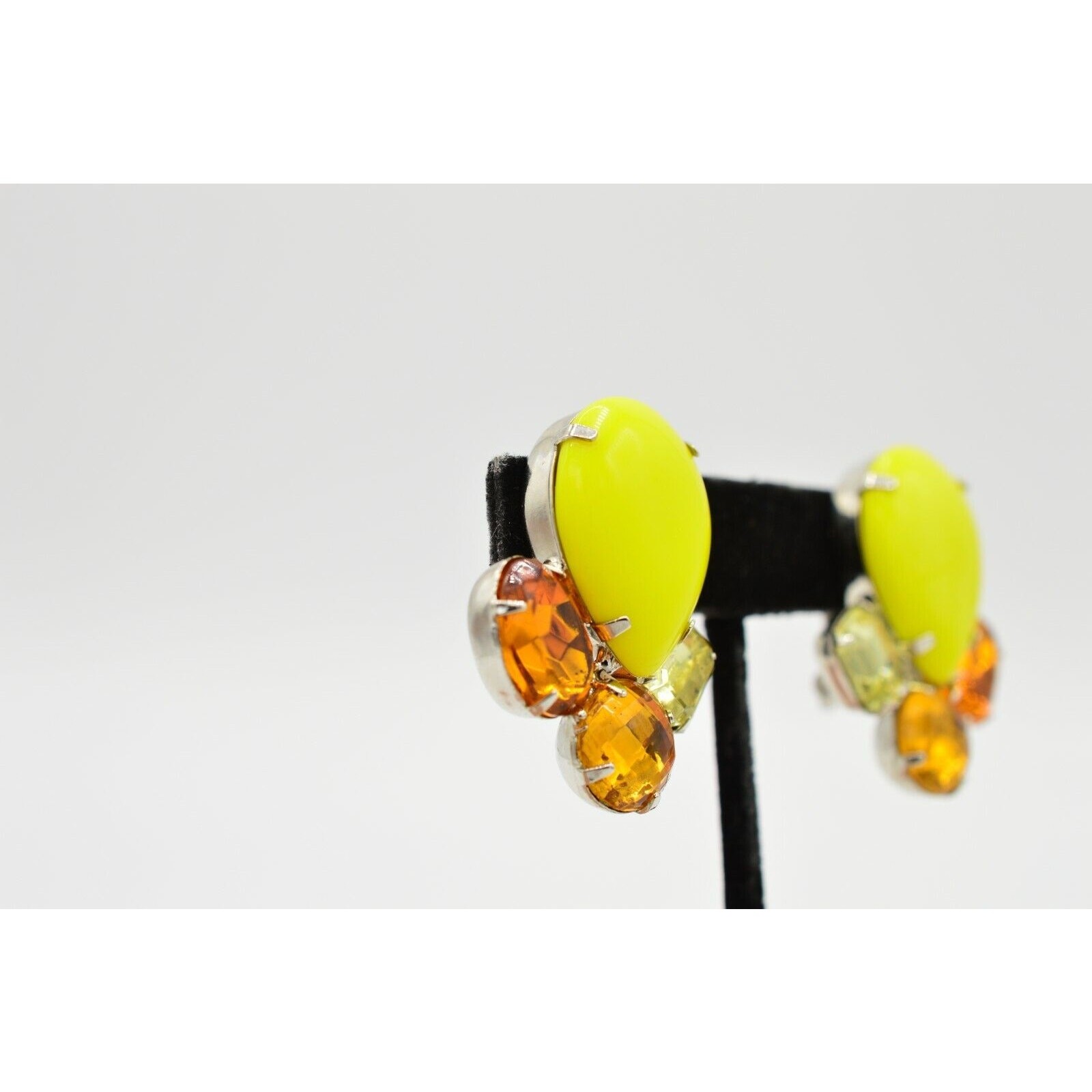 Vintage Crystal Cabochon Clip On Earrings Bezel Prong Neon Yellow Orange 80s W5