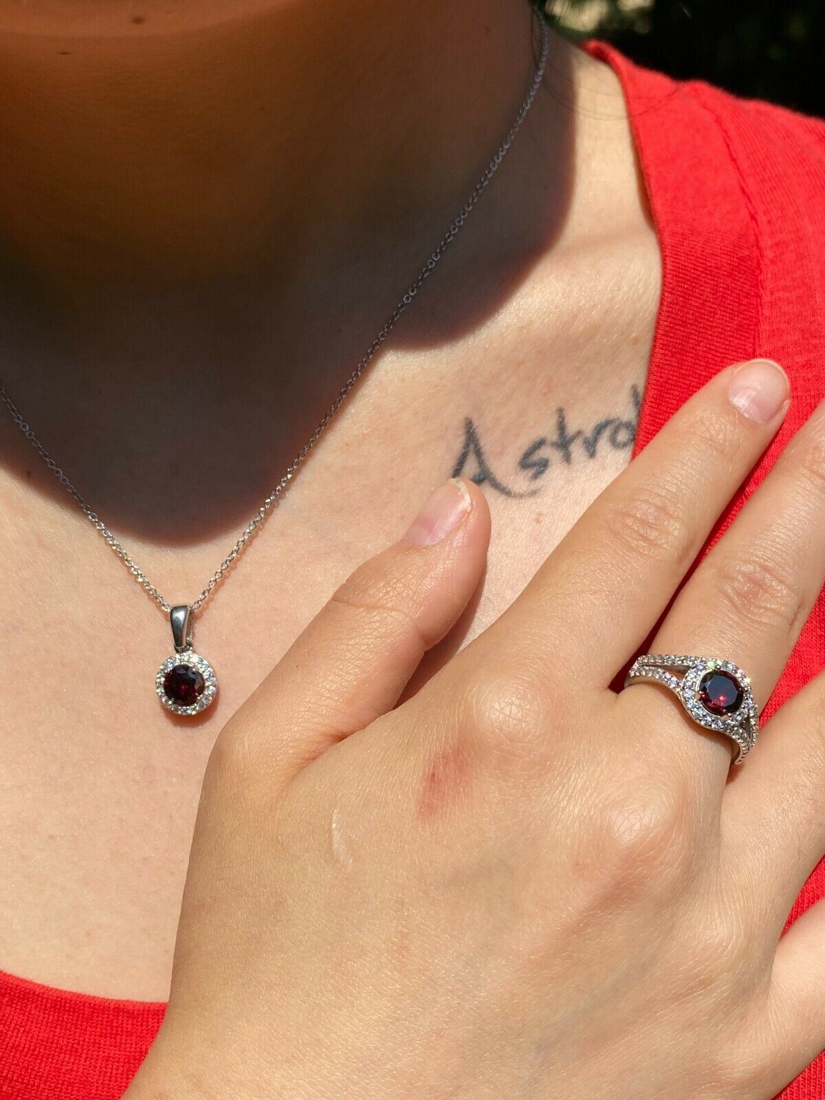 Real 925 Silver Red Ruby & Simulated Diamond Ring Pendant Necklace & Earring Set