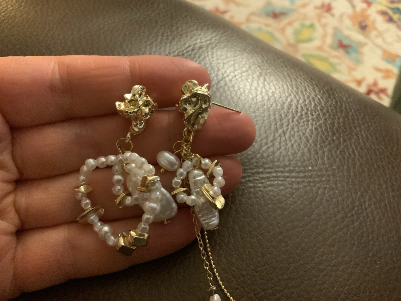 Anthropologie Pearl Hoop Mismatch Molten Earrings Nugget Gold Stud Bead Chain