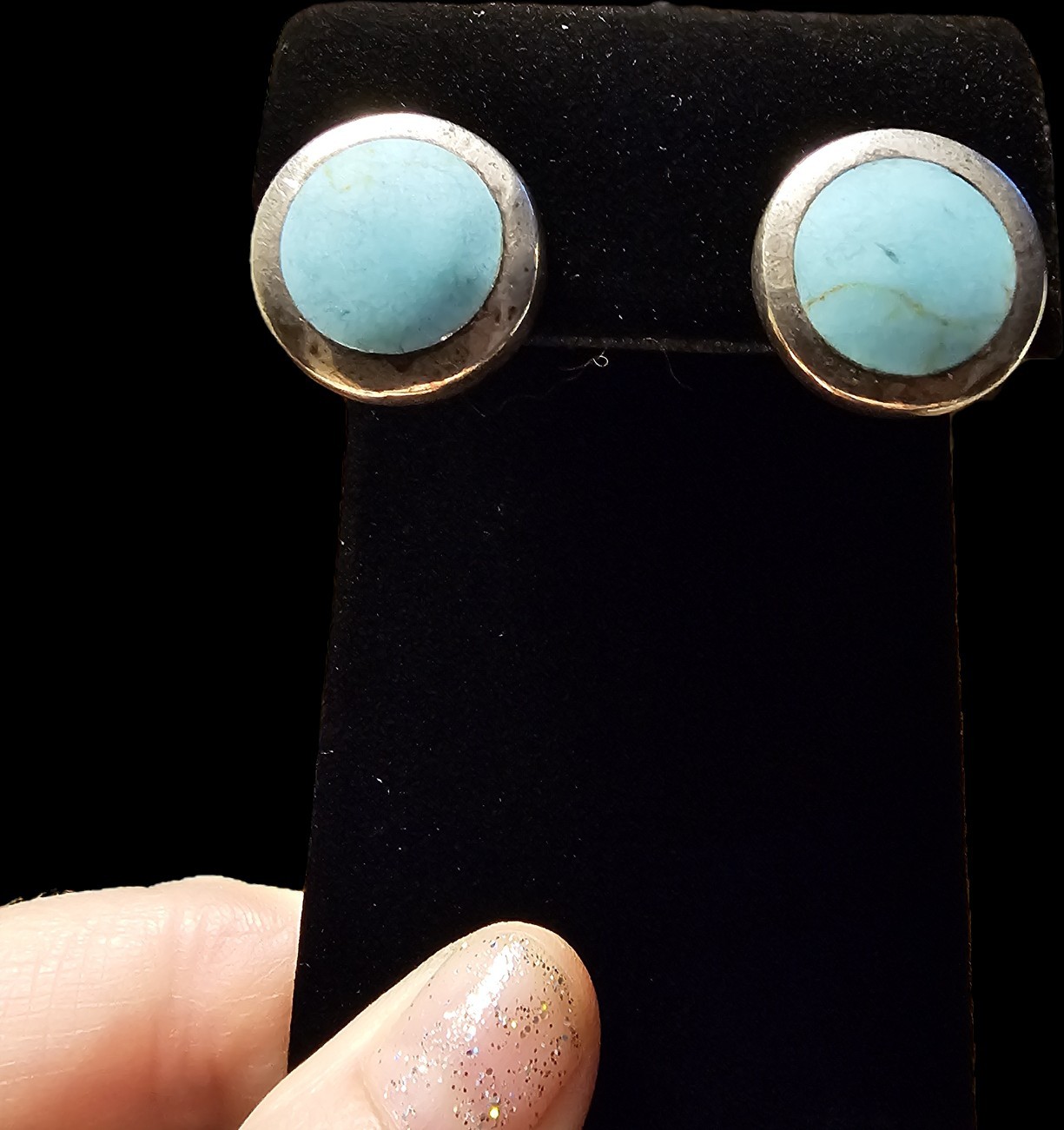 925 Sterling Silver Round Blue Turquoise Bezel Stud Earrings Butterfly Signed
