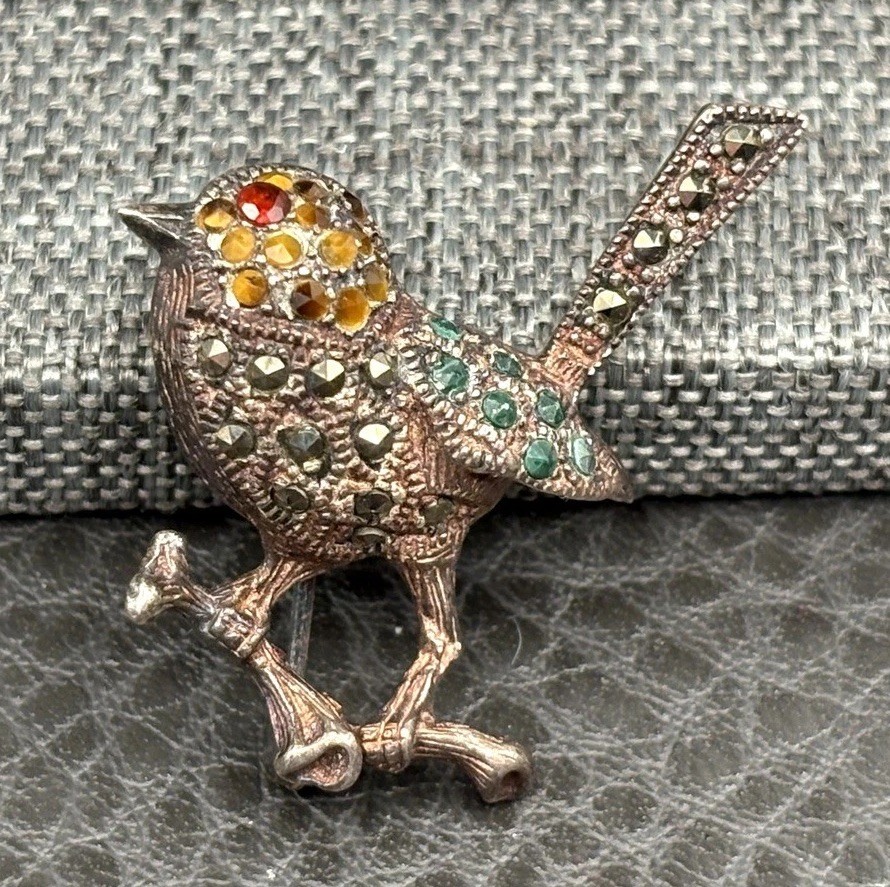 Vintage Sterling Silver 925 Bird Brooch Pin Marcasite Green Red Yellow Crystal