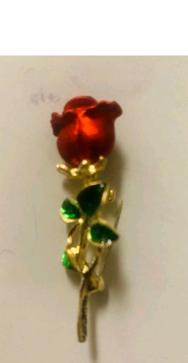 Red Rose Gold Tone Metal Enamel Brooch Pin with Green Leaves