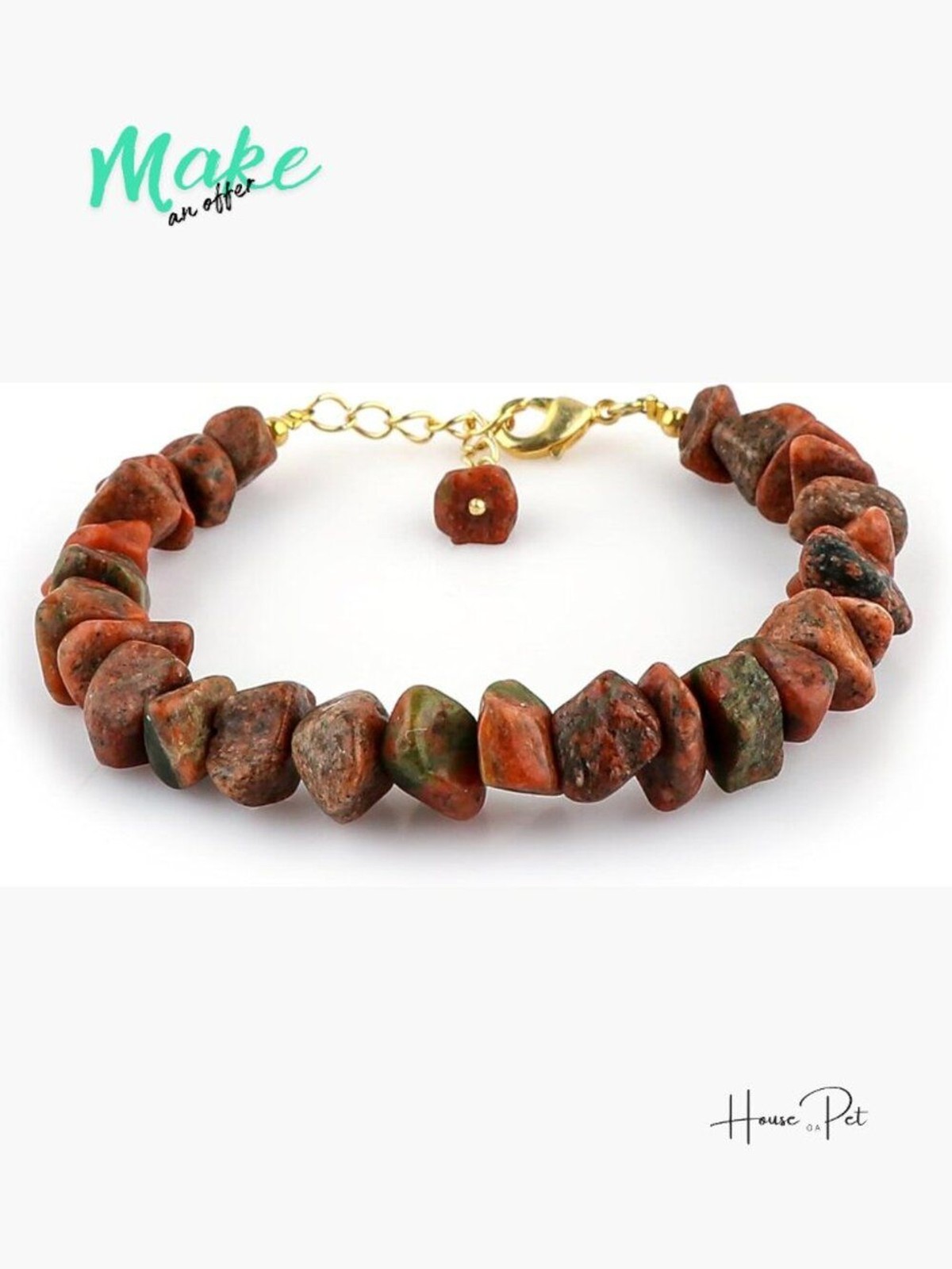 Raw Unakite Gemstone Bracelet, Gold Plated Brass, Lobster Claw Clasp, Handmade