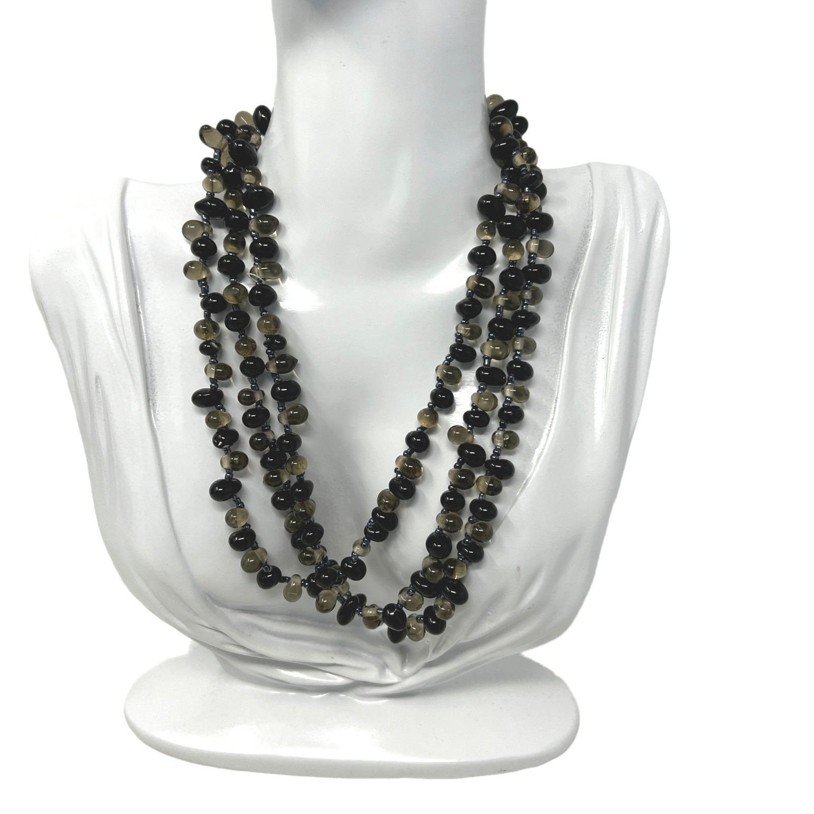 Glass Bead Necklace Black Clear Offset Beads Seed Vintage 48 inch