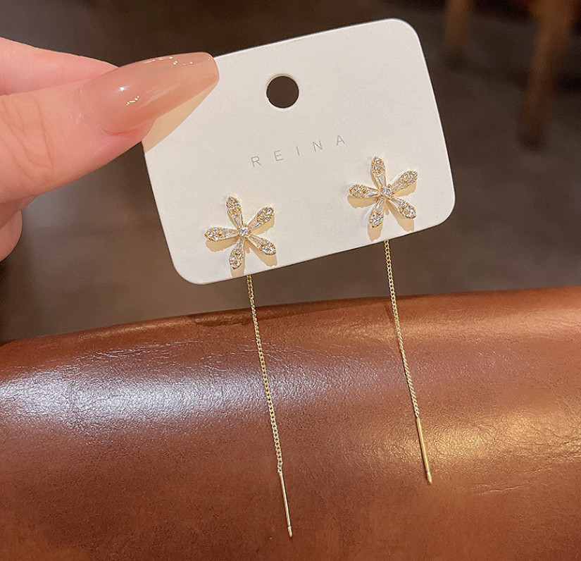 925 Silver Post/Needle Clover Flower Clear CZ Pull Through Threader Earrings G13