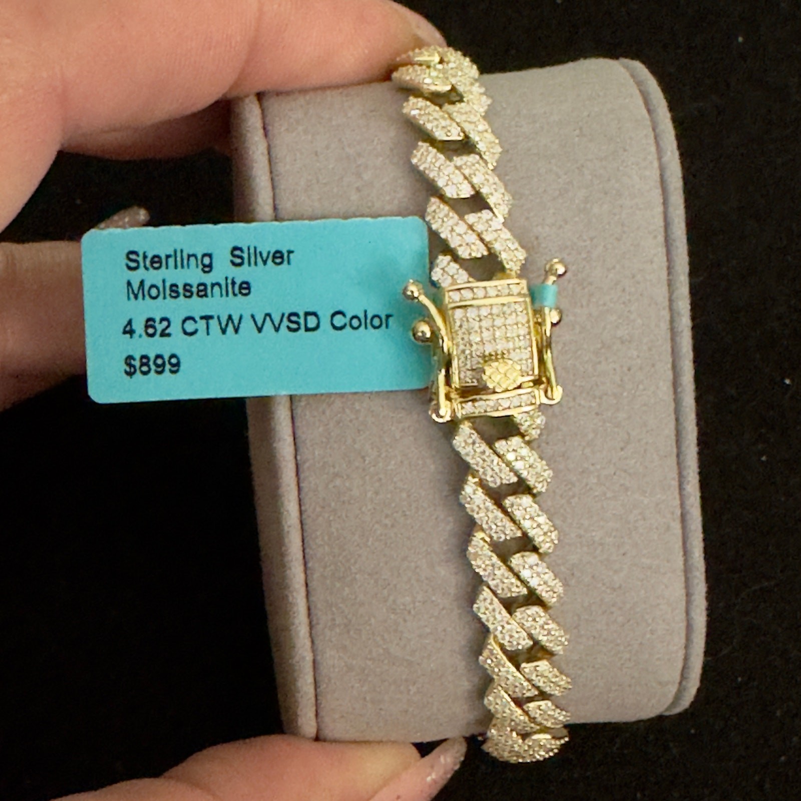 8.7mm Genuine Moissanite Iced Gold Monaco Cuban Bracelet 7.5in~NEW Retails $899