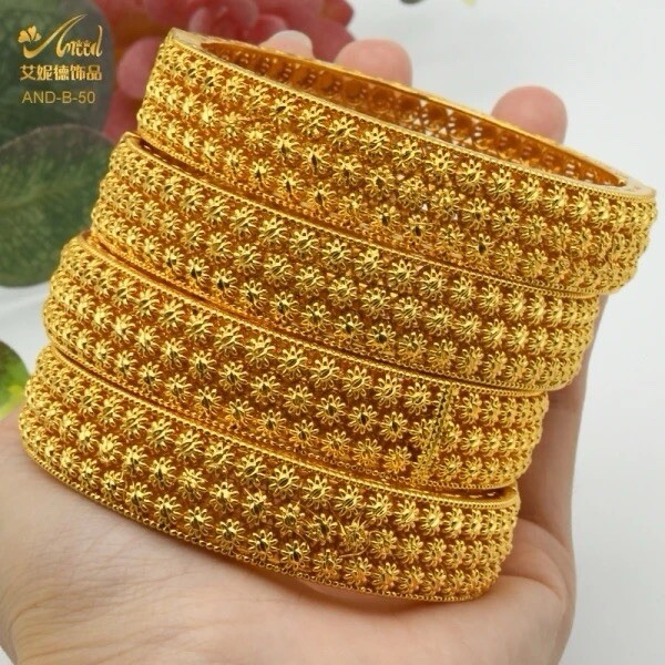 2 Gold Handmade 24K Gold Plated Dubai Indian Bangle Design Push Lock UK (S 6 cm)