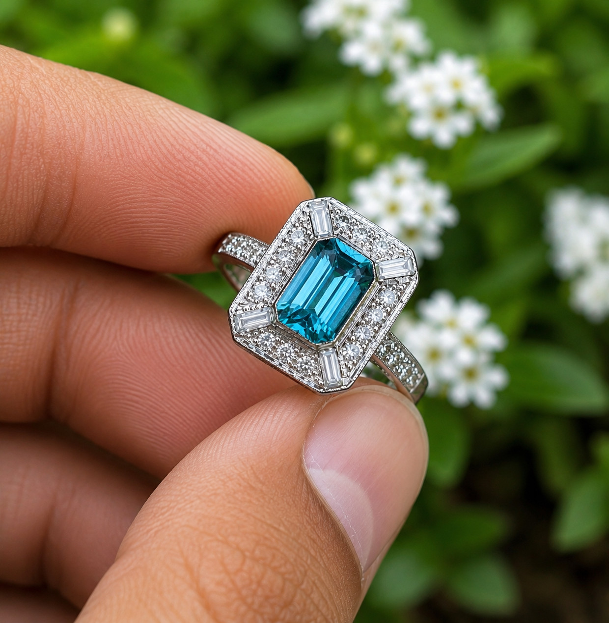 2.50Ct Emerald Lab Created Blue Topaz Halo Engagement Ring 14K White Gold Plated