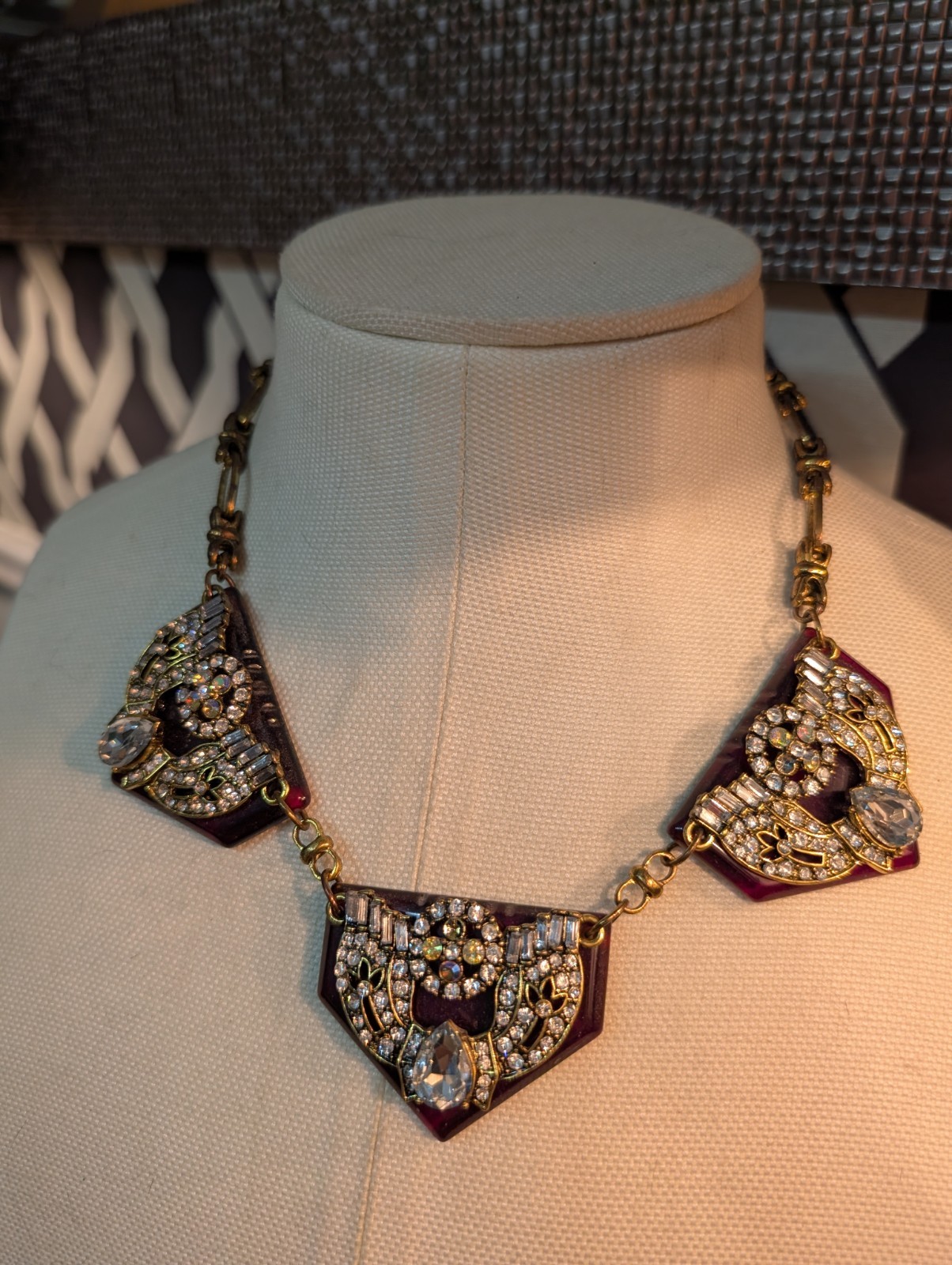 Stunning Necklace With 3 Dark Amber Pendants W/Large Sparkling Rhinestones