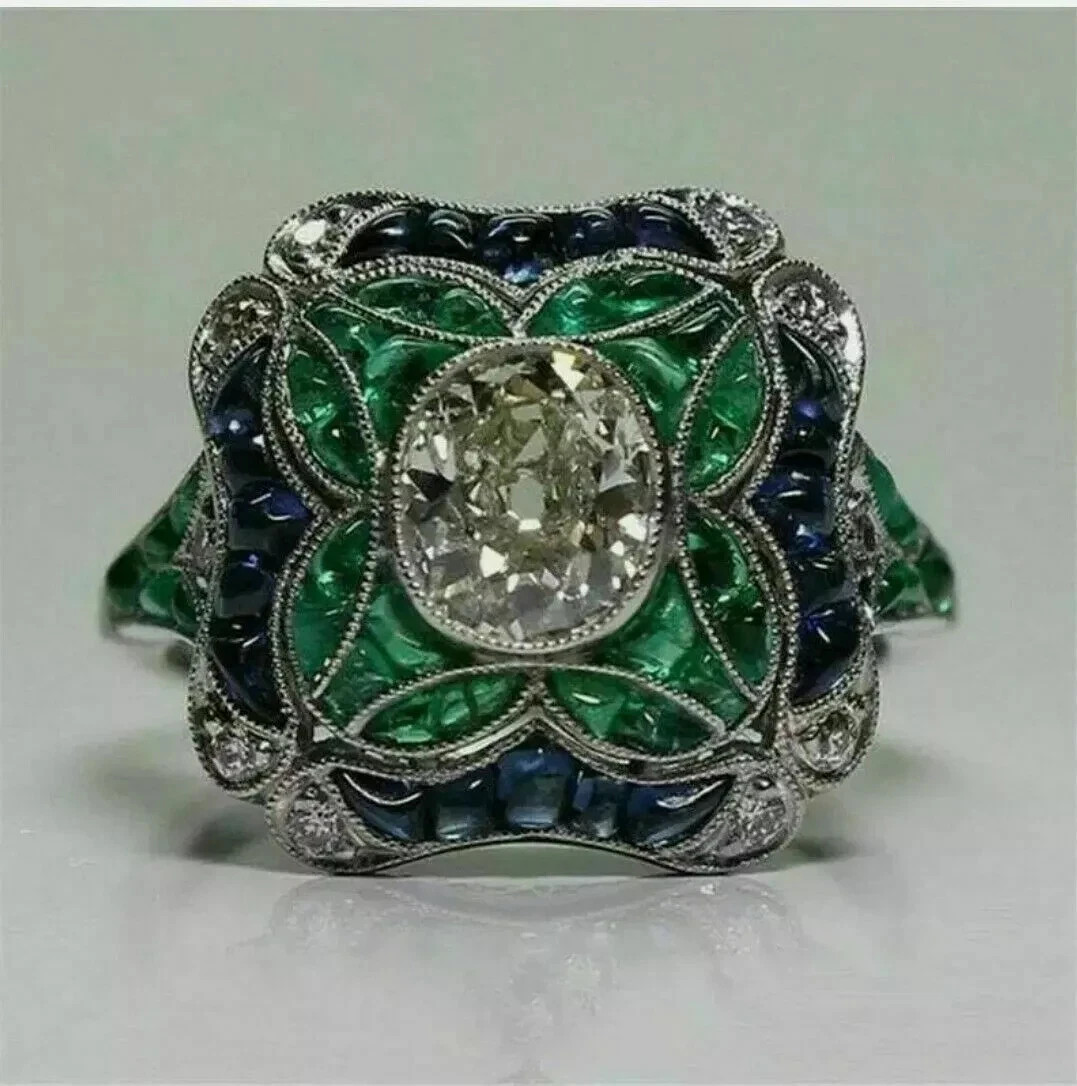 Art Deco Style Lab Created Diamond & Emerald Engagement 14k White Gold FN Ring