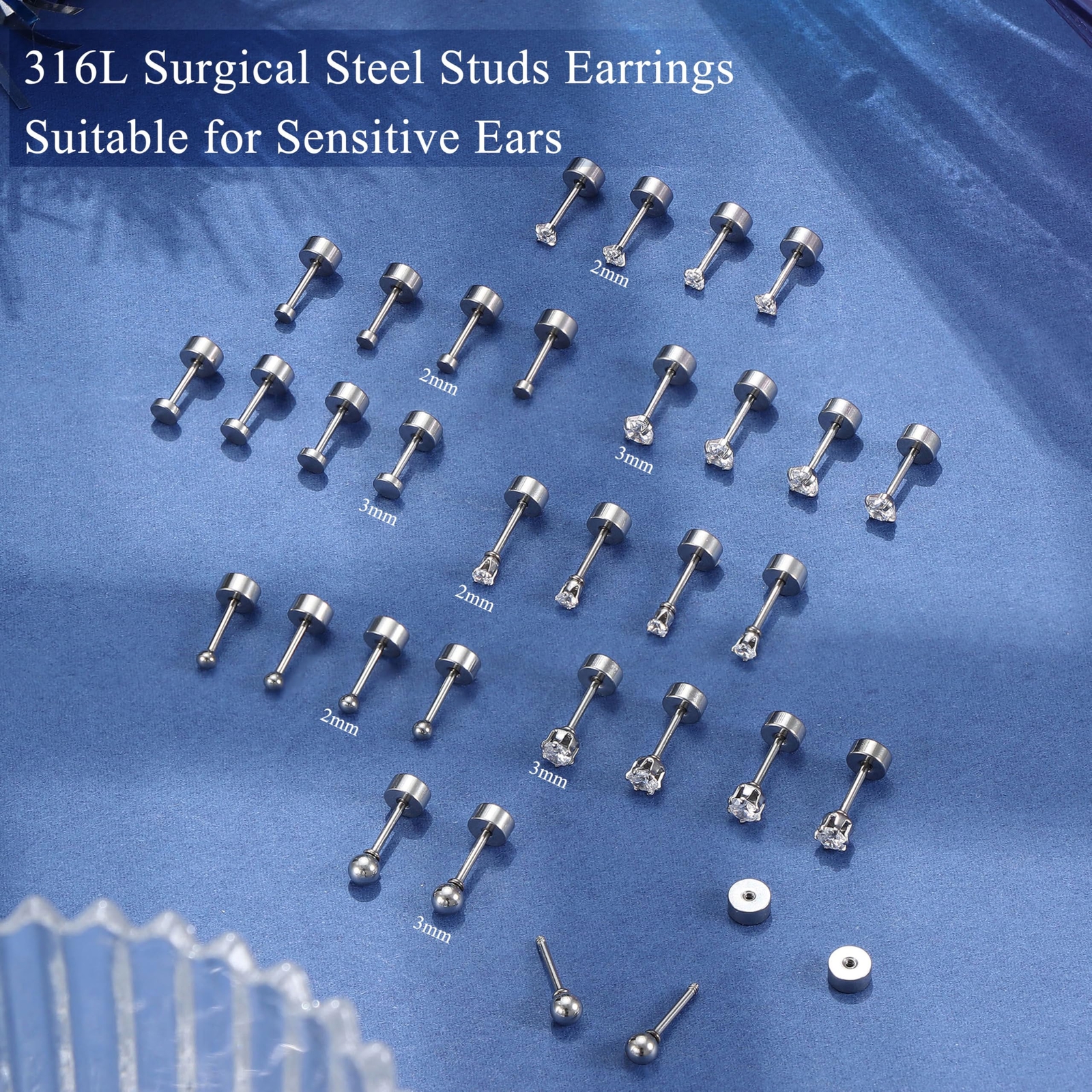 16 Pairs Tiny Cartilage Stud Earrings for Women Men Surgical Steel Flat Back