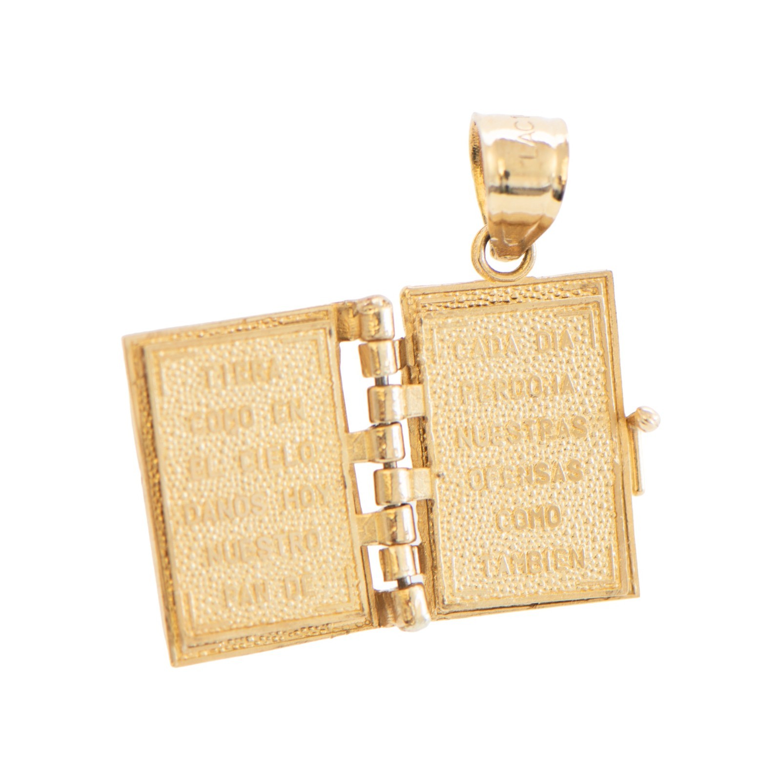 14K Solid Gold Bible Locket Pendant Open Book Charm Padre Nuestro Spanish Prayer