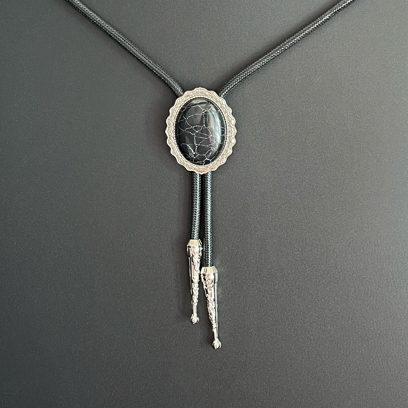 Silver Lace Base Giant Black Granite Mens Bolo Tie Waxed Rope Wedding Necklace