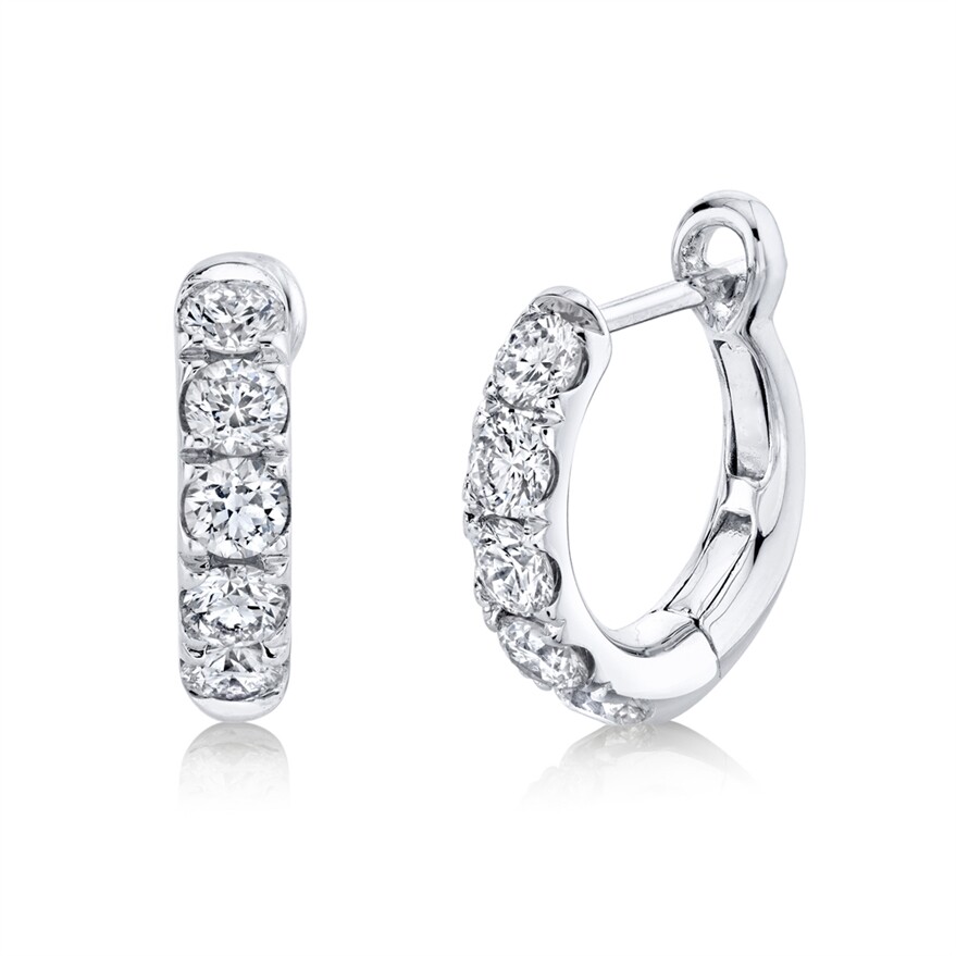 14K White Gold Diamond Huggie Earrings Hinged Tiny 0.50″ Natural Round Cut