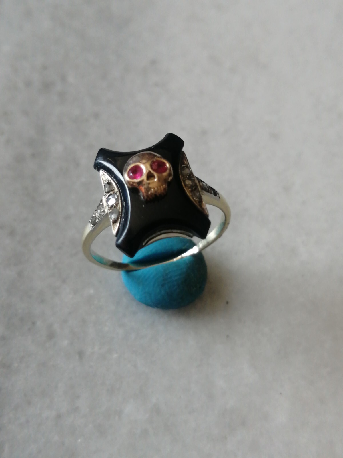 Antique Rare Memento Mori 14kt Yellow Gold, Diamonds,Rubies Stone Ring