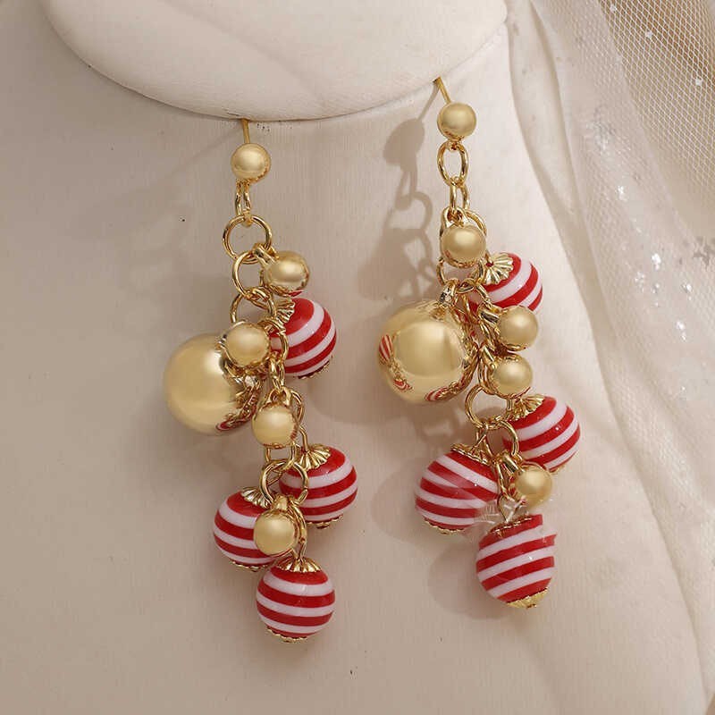 Red White Striped Candy Tassel Gold Plated Ball Chandelier Dangle Drop Earrings