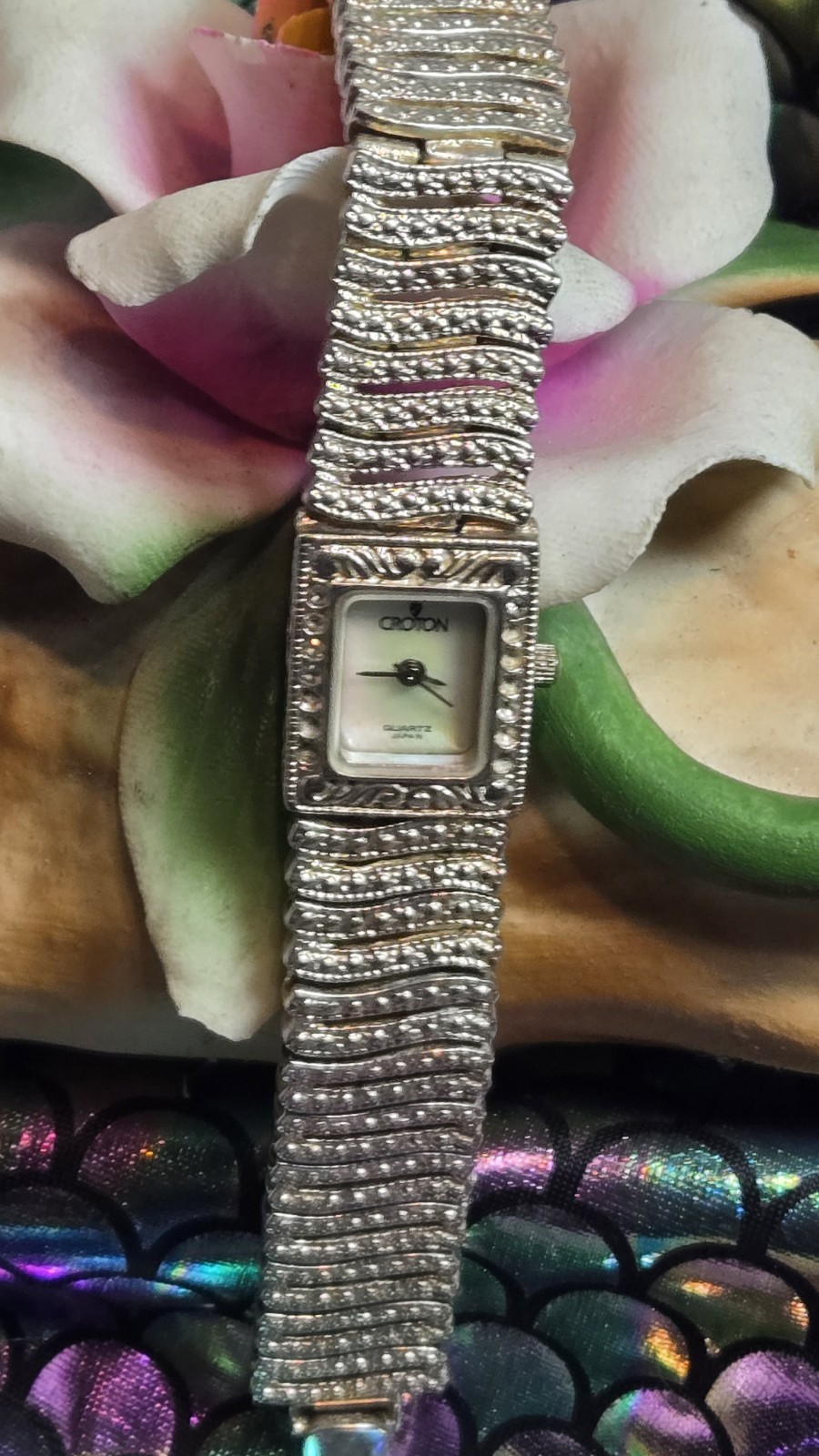 Vintage Croton Diamond Cut Solid Sterling Silver Mother Of Pearl Watch Small 6.7