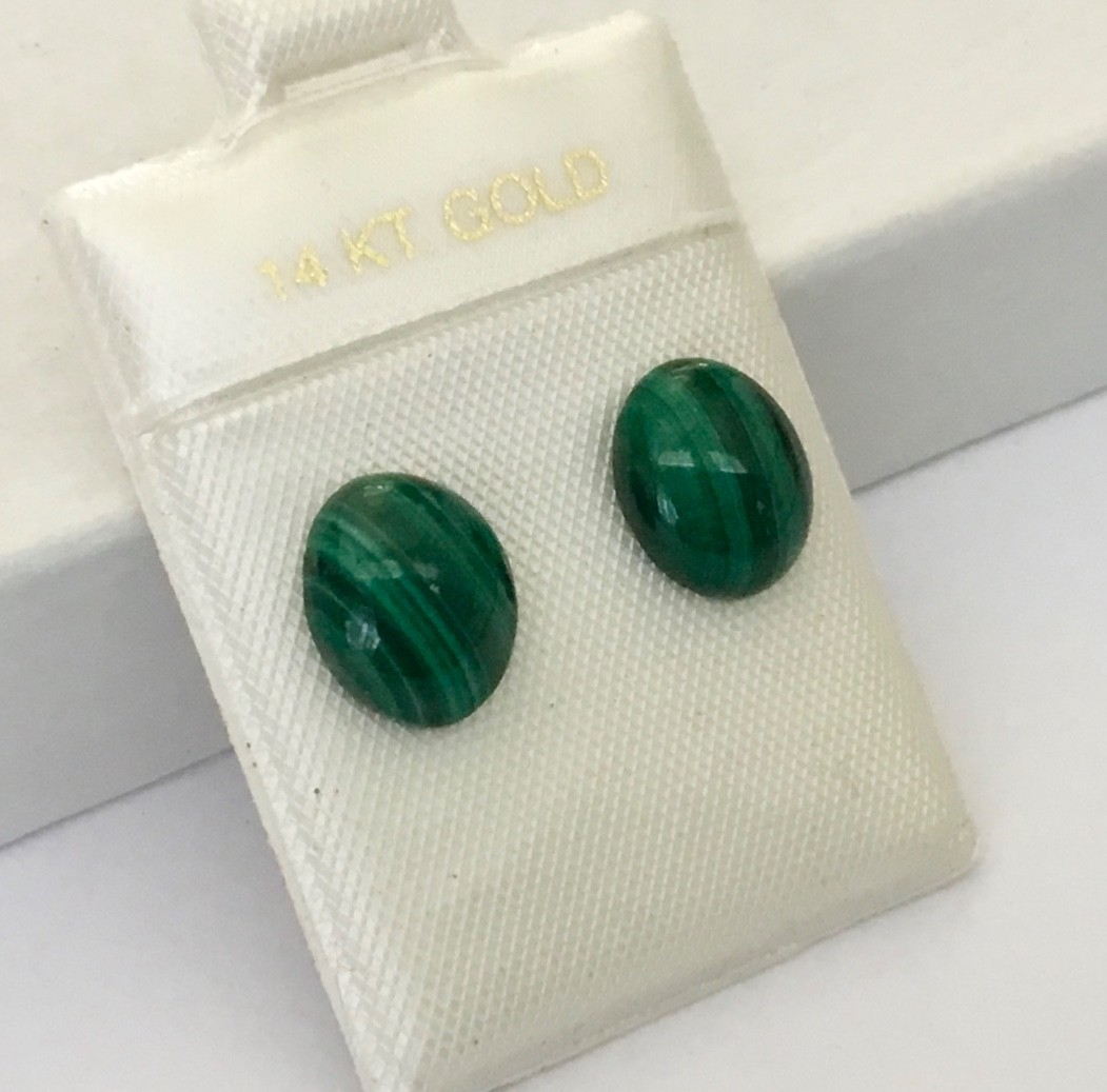 Genuine Natural Malachite Cabochon In Solid 14K Gold Stud Earrings NEW
