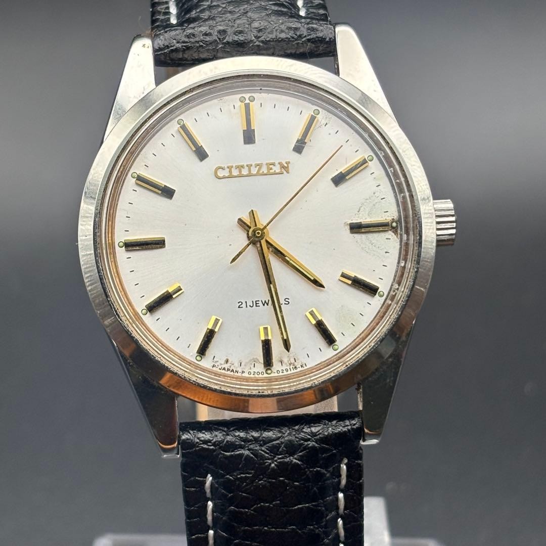 CITIZEN 53-8051 21 Jewels Hand Wind Watch Stainless Black Leather