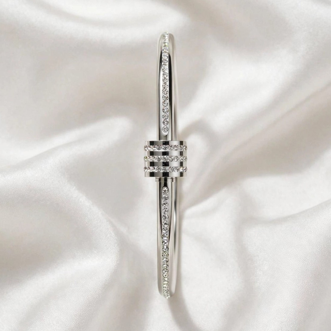 Silver Tone Metal Bangle Bracelet w/ Clear Round Crystal Stones
