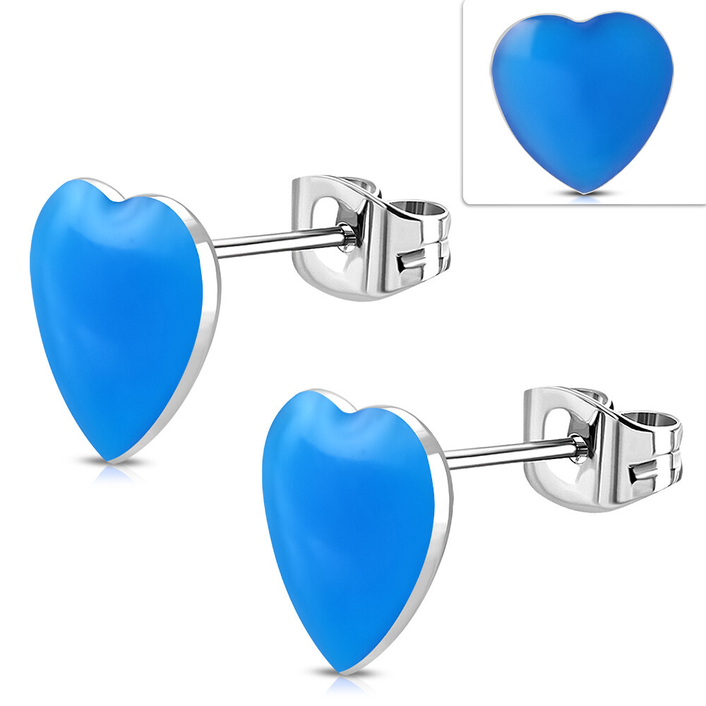 8mm Stainless Steel Blue Resin Love Heart Stud Earrings pair