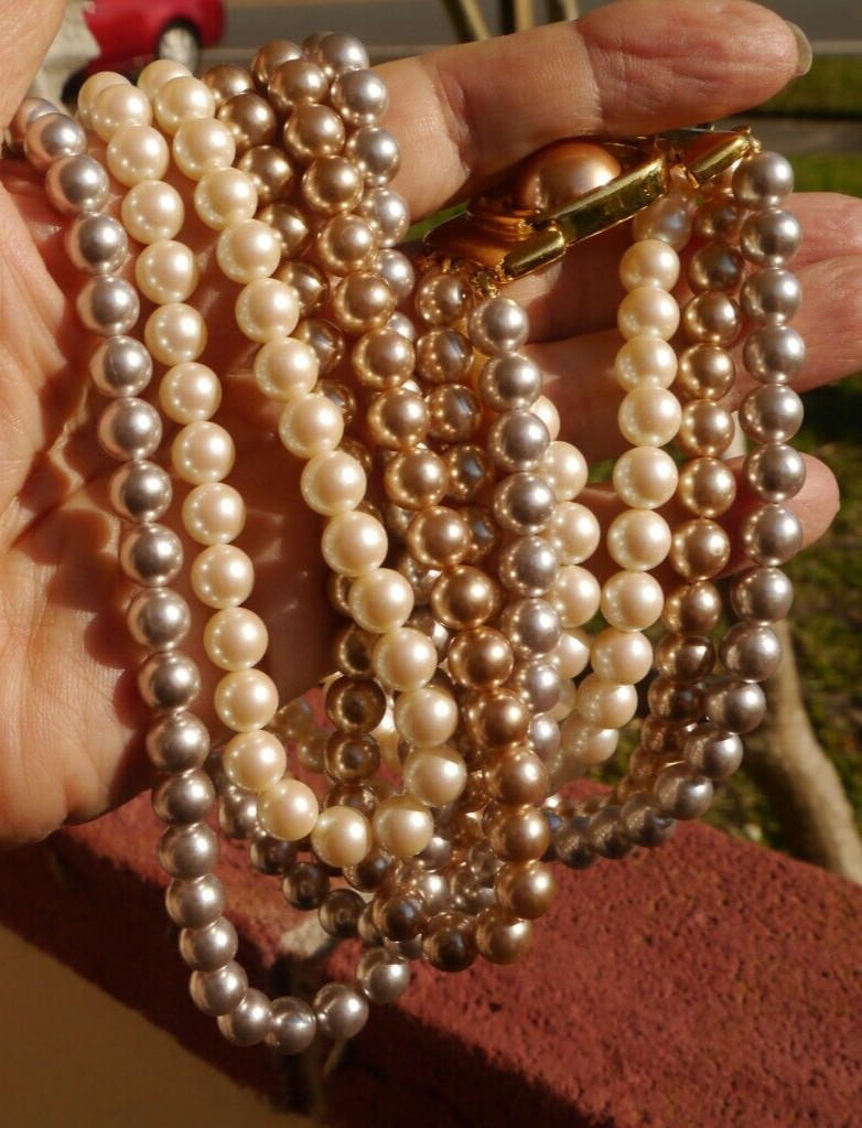 Monet Necklace Faux Pearl Gray Cream Champagne Triple Strand Ornate Box Clasp