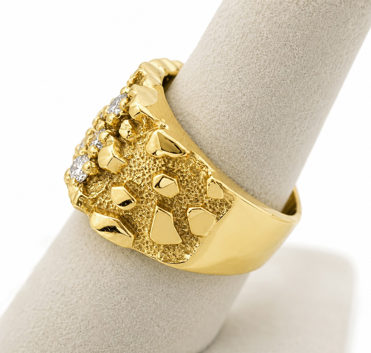 Real 14K Yellow Gold .70 Carat Wide Face Diamond Mens Nugget Ring Natural or Lab