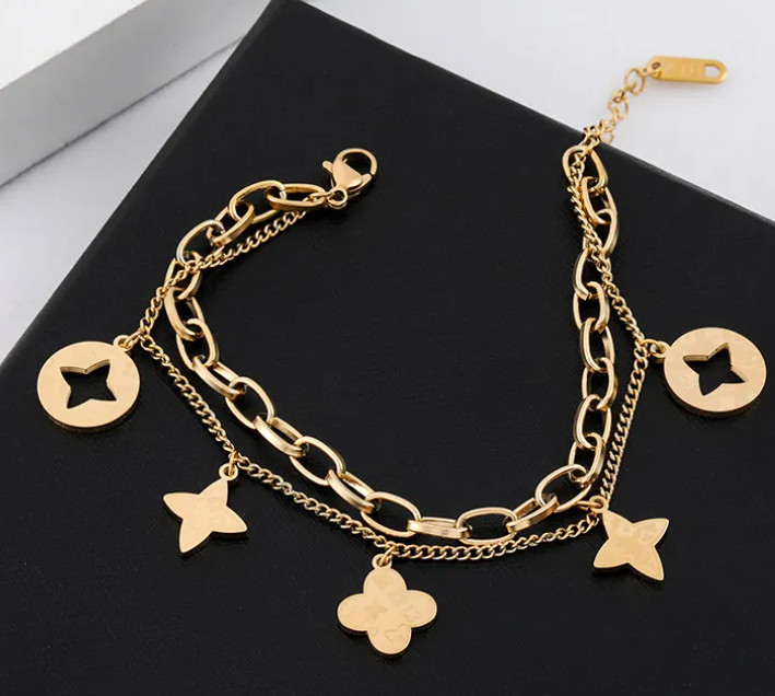 Vintage Stainless Steel Double Layer Bracelet 18K Gold Plated Monogram Pattern